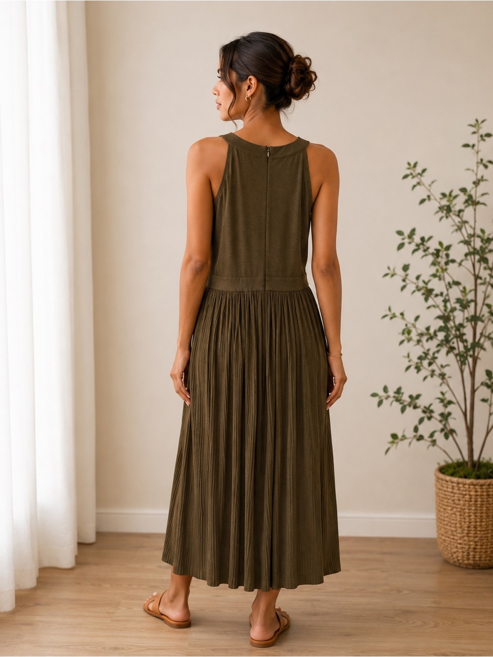 Catherine Malandrino Olive Green Pleated Maxi Dress Size 8 Sleeveless - Picture 2 of 5